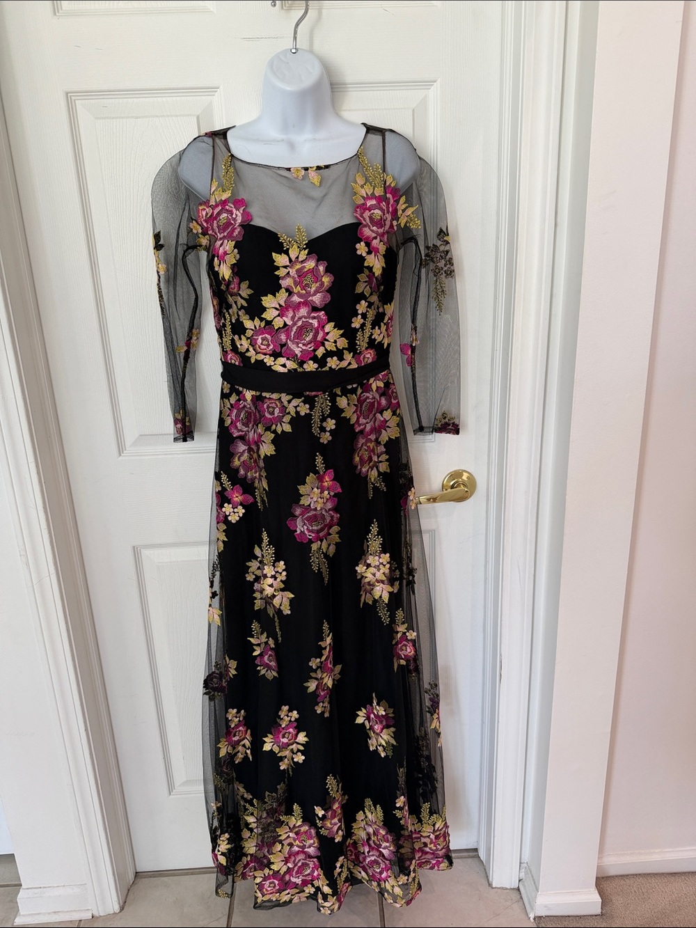 Black Maxi Dress with Pink and Gold Floral Embroidery